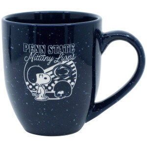 navy speckled mug with etched Snoopy, Woodstock, and Penn State Nittany Lions